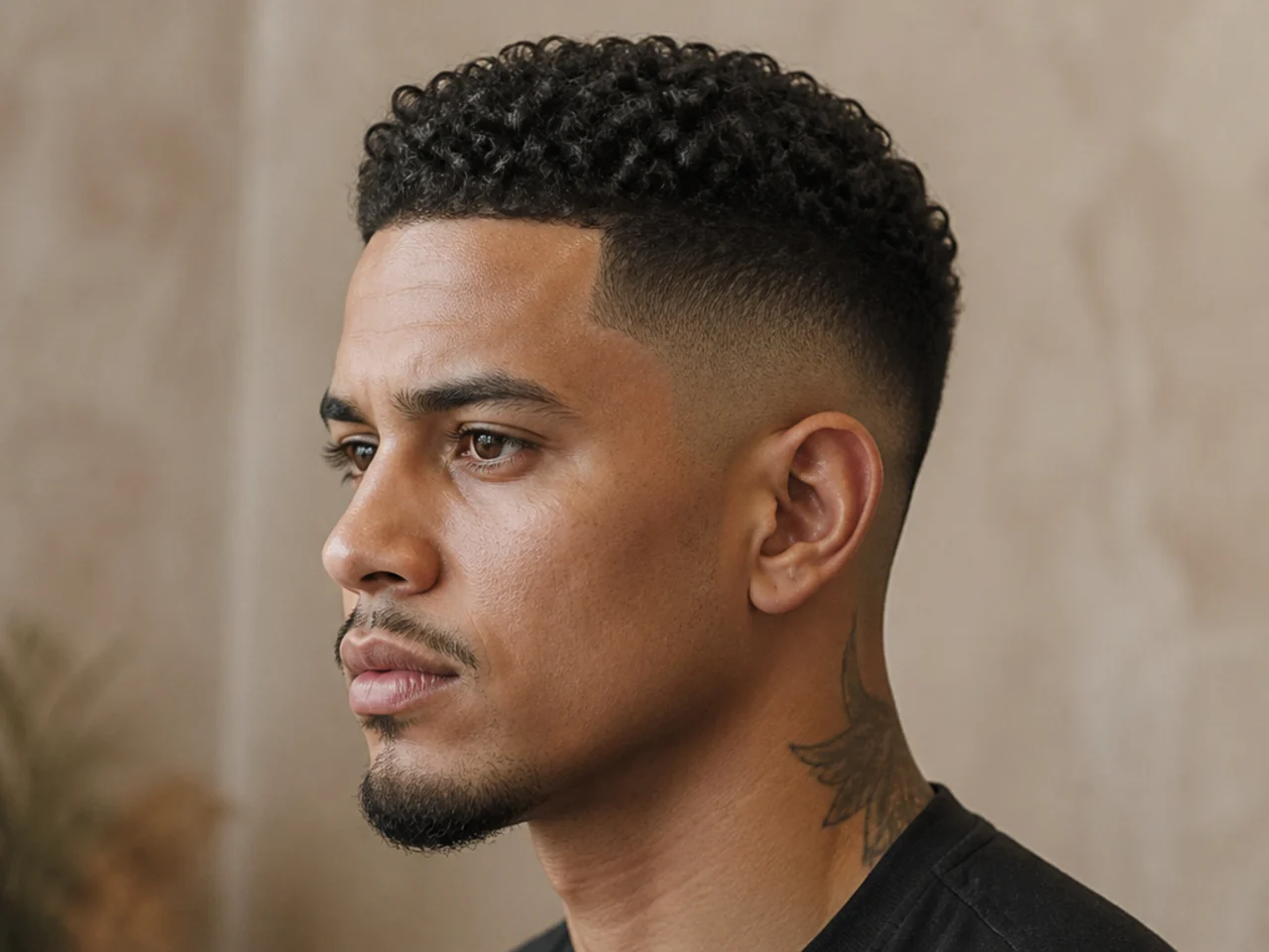 Short curly hair with a fade at the sides on a Type 3 pattern
