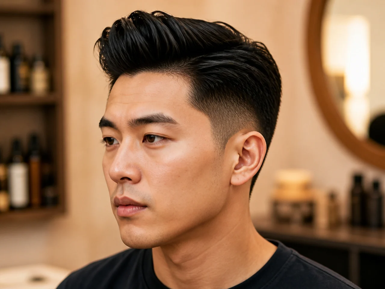 Short pompadour with volume at the crown