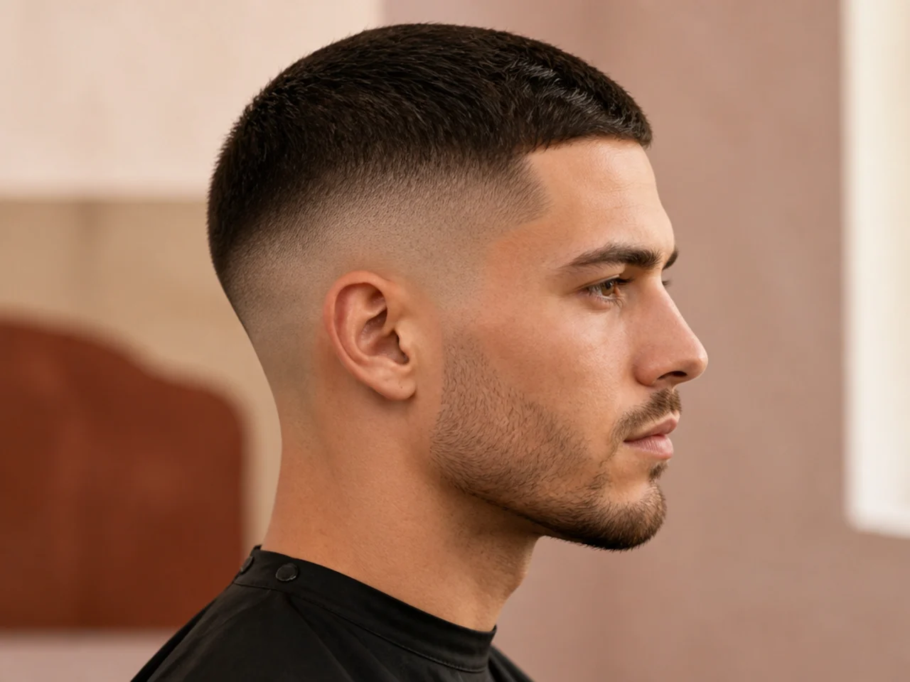 Short skin fade with clipper-cut top and clean blend to skin