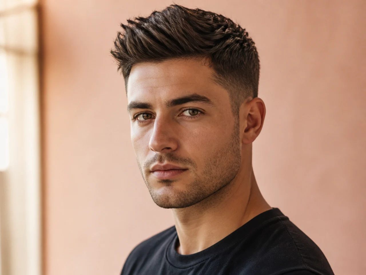 Short textured quiff lifted at the front with a fade at the sides
