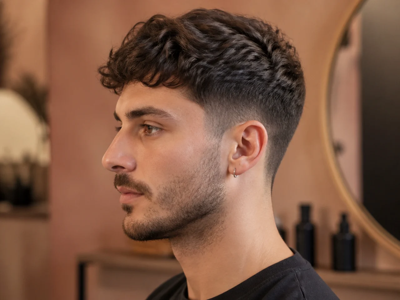 Short mens haircut styling products laid out on a barber counter