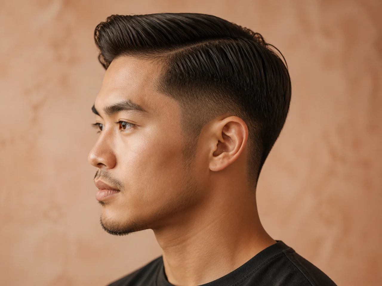 Short comb over with a two-inch top parted to the side and a low taper fade