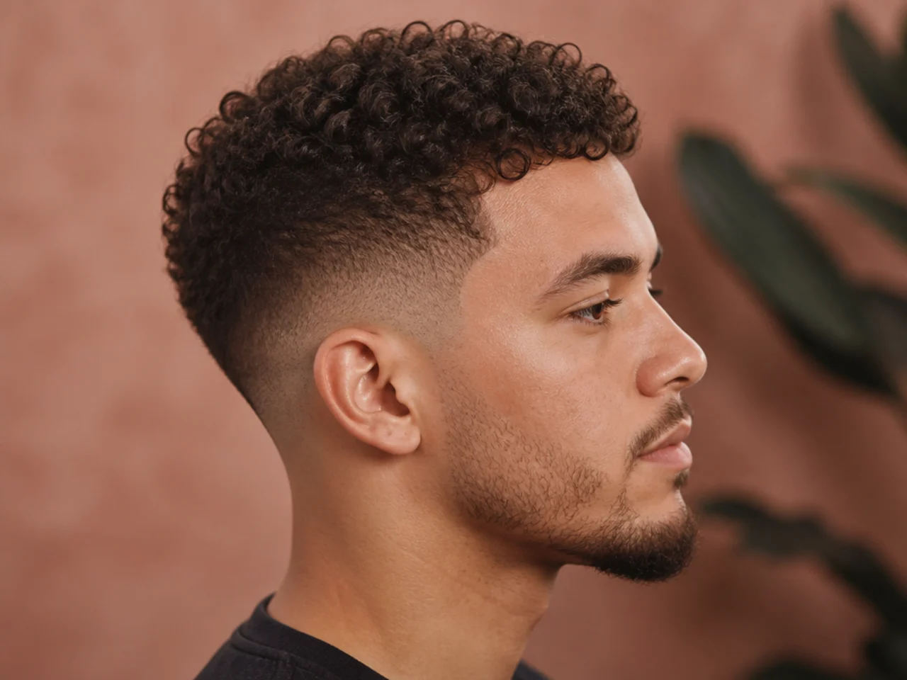 Short curly fade with an inch of natural curl on top and a low fade at the sides