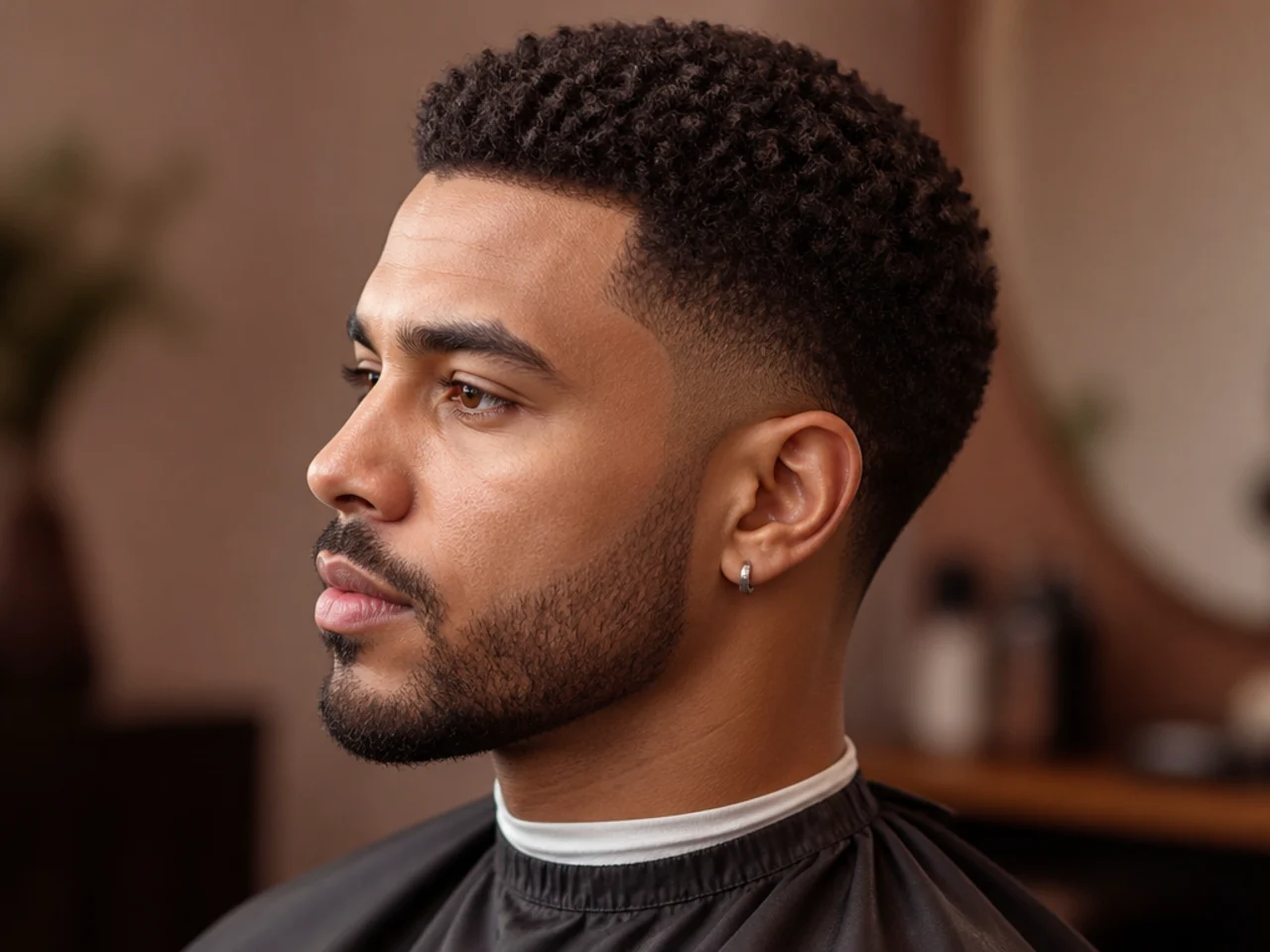 Short afro taper with an inch and a half of natural coily texture and clean tapered sides