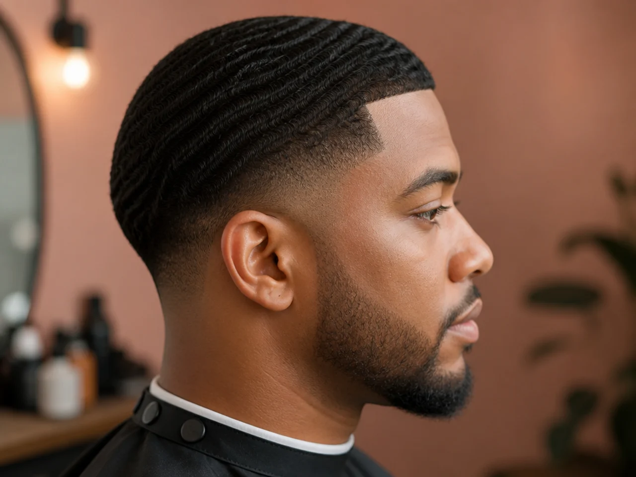 Short 360 waves brushed pattern on top with a clean mid fade at the sides