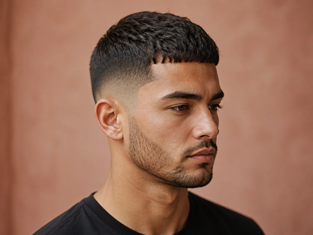Short crop with a low drop fade that dips behind the ear
