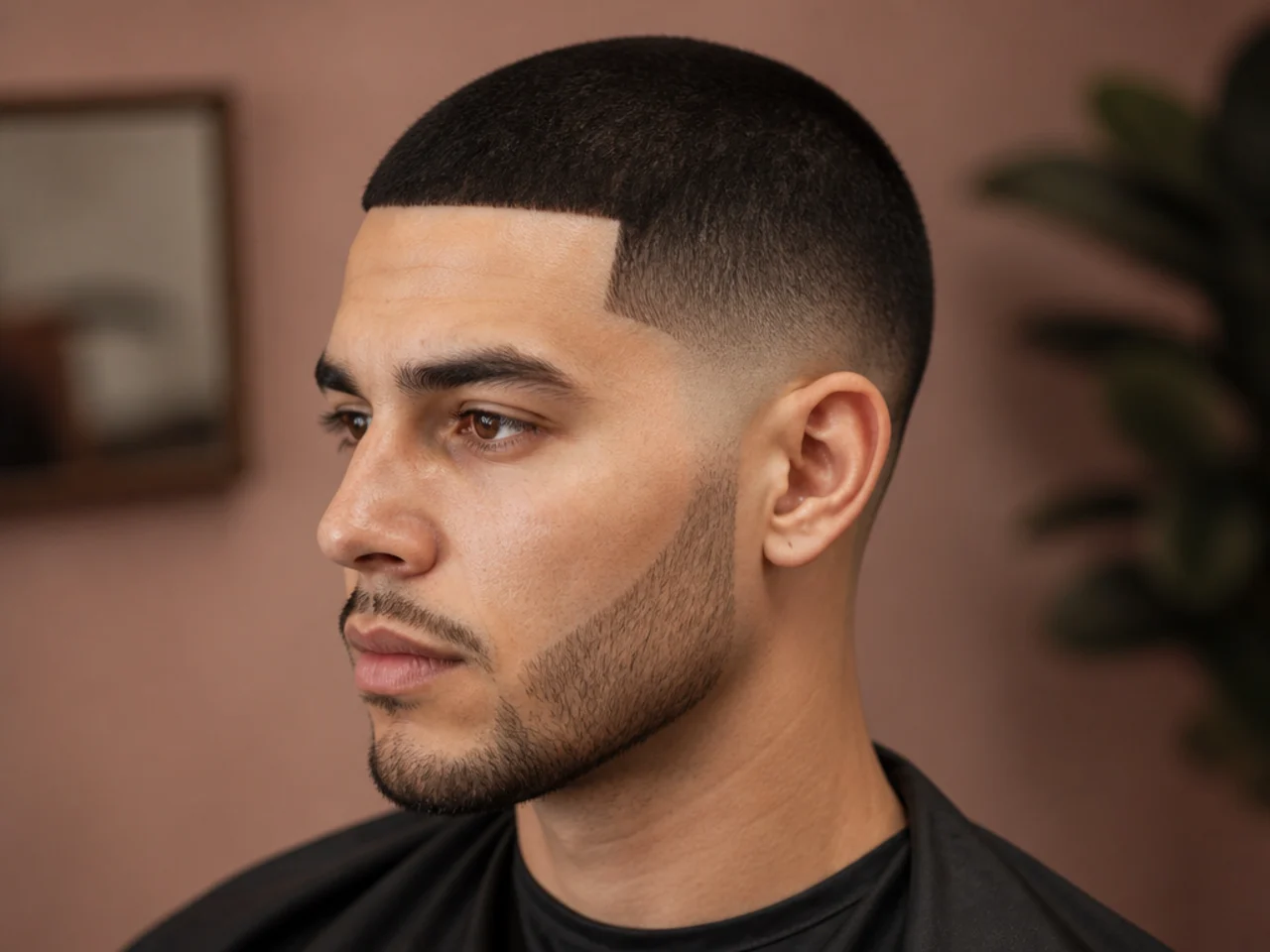 Buzz cut with a razored line-up at the temples and forehead on a young man