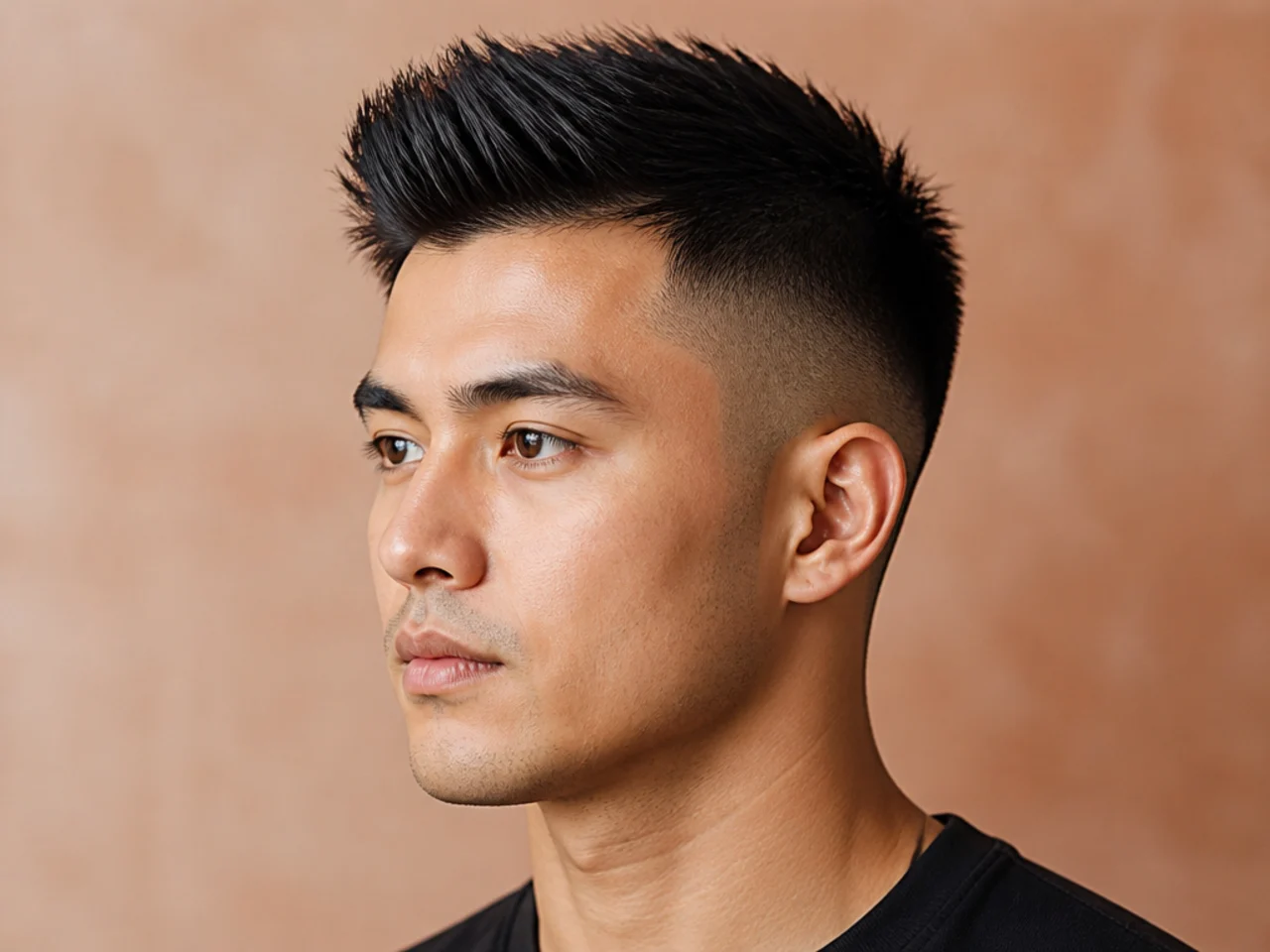 Short brush up with a two-inch top pushed forward and up over a low fade