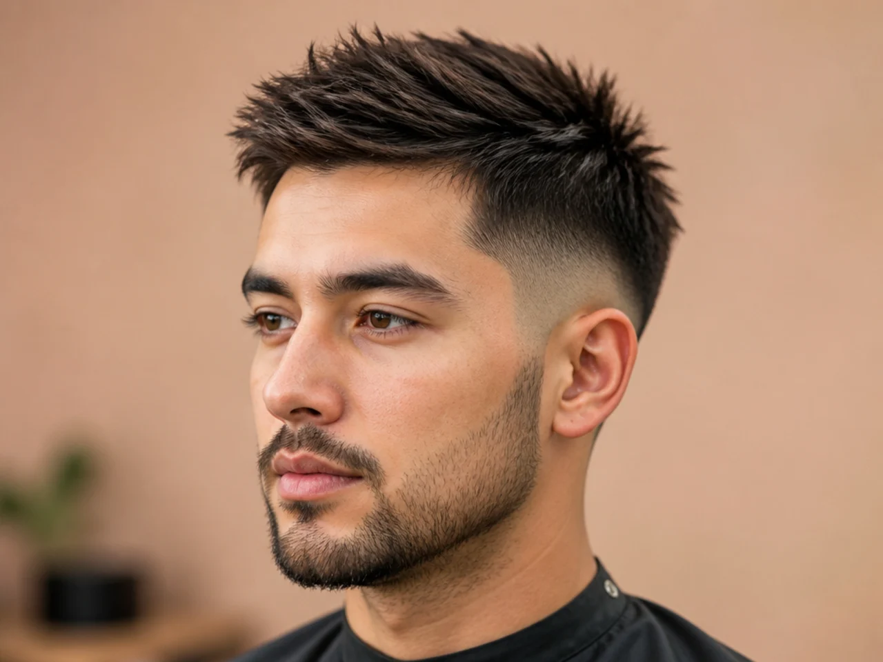 Short spiky top with an inch and a half of hair spiked upward over a mid fade