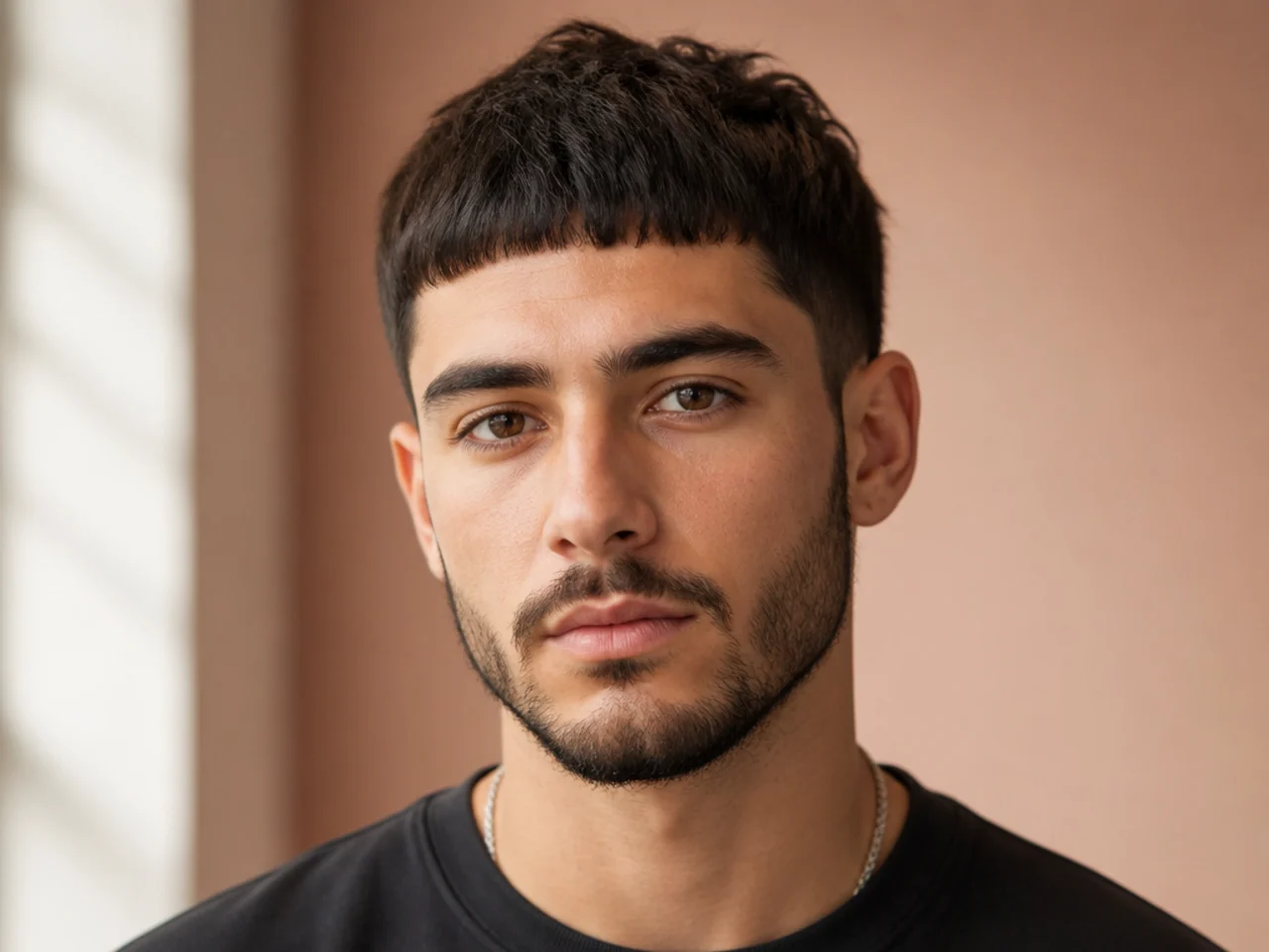 Short blunt fringe cut straight across the brow over a low fade — mini Edgar style