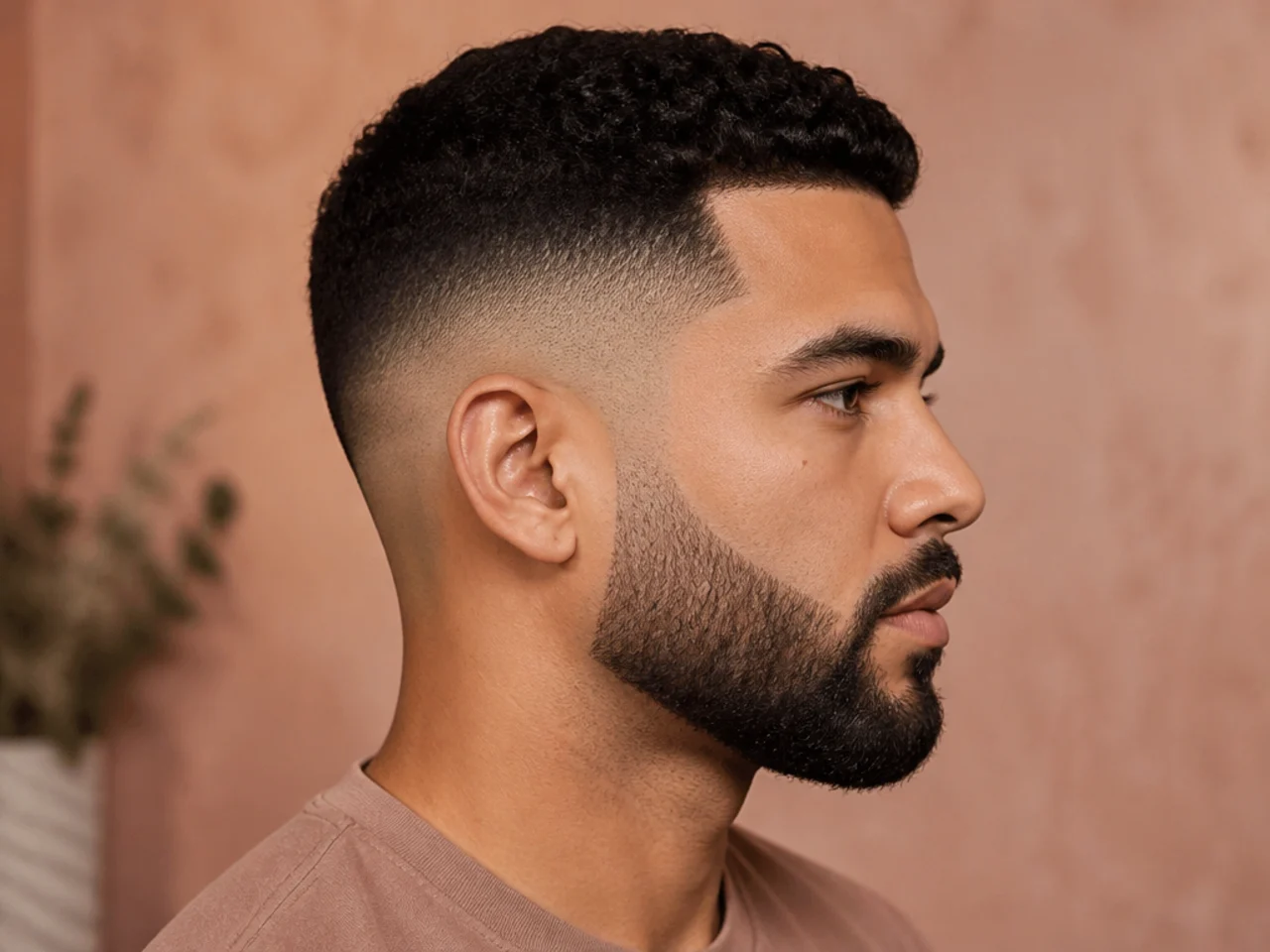 Mid skin fade with a half-inch top and a full connected beard blended at the sideburn