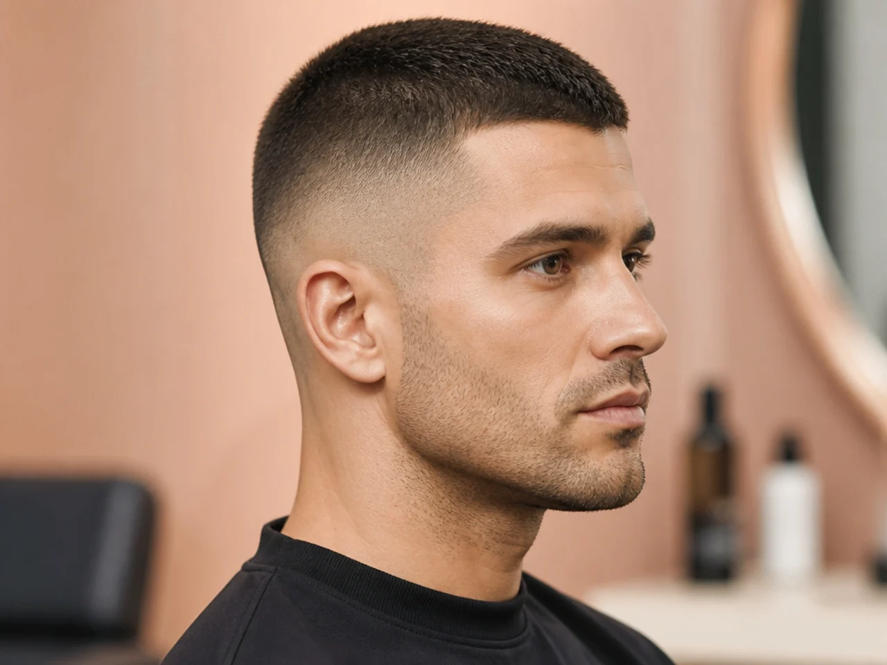 Classic crew cut with an inch of graduated length on top and tapered sides
