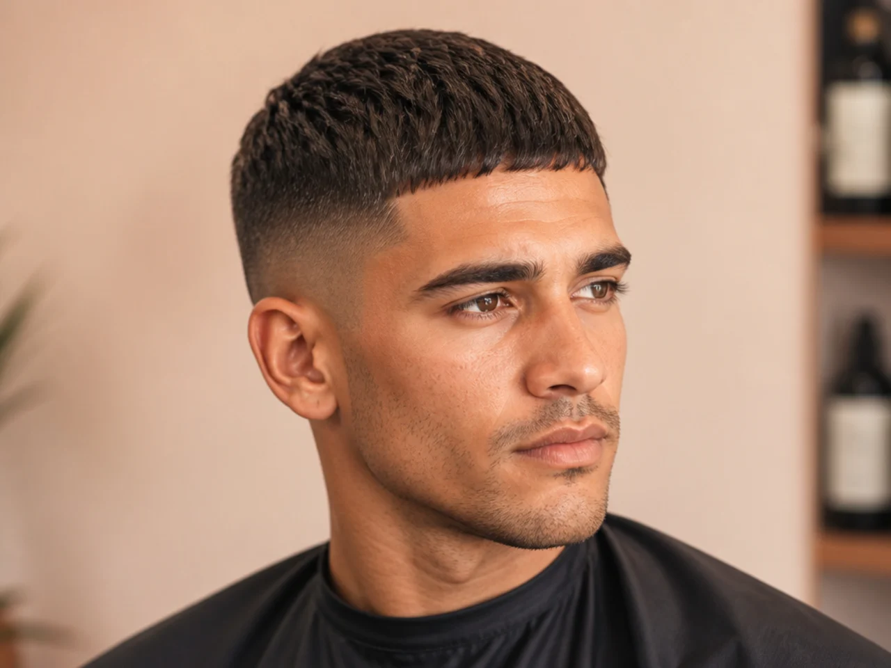 Caesar cut with a one-inch blunt fringe pushed forward across the forehead