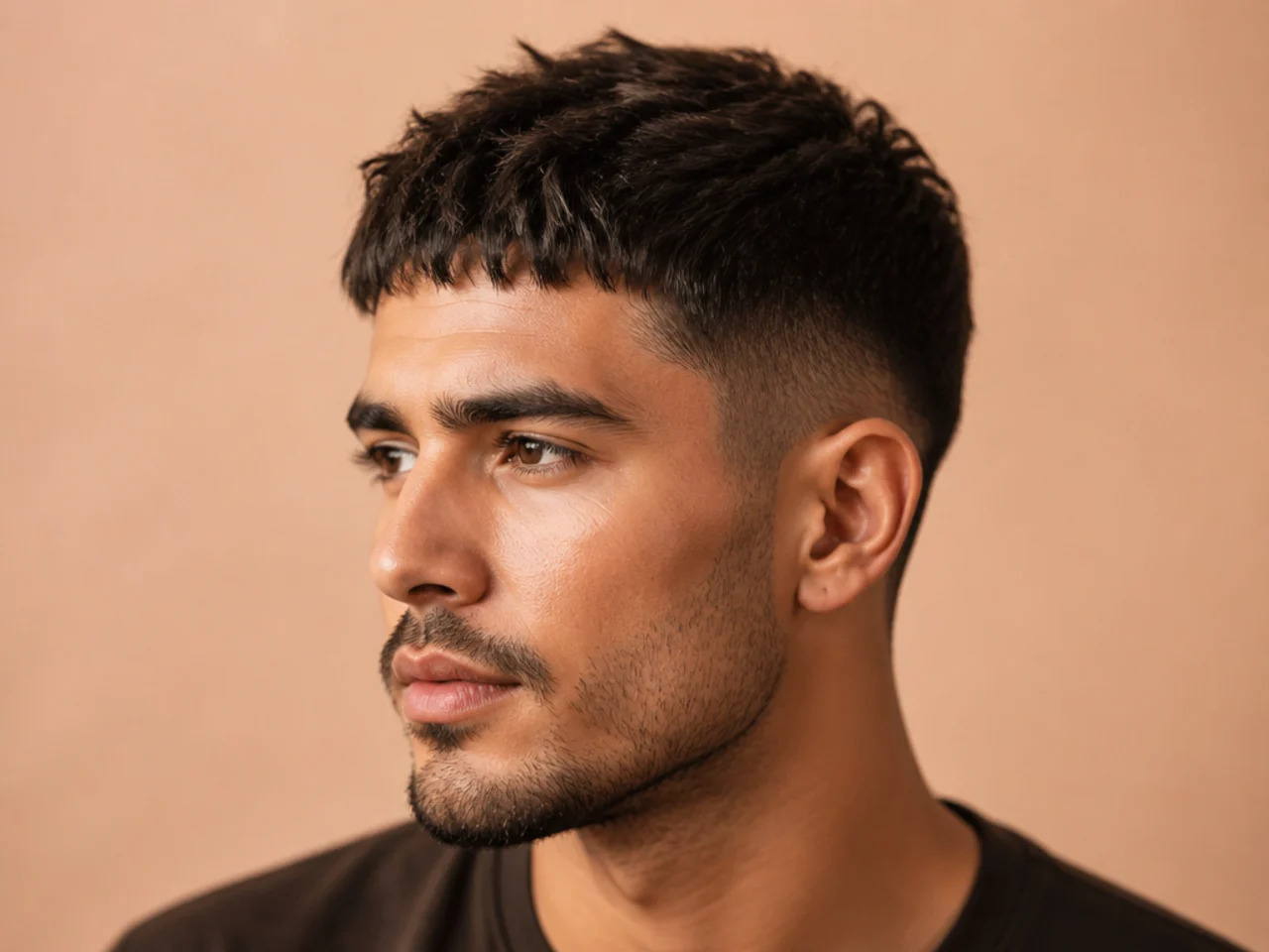 French crop with a textured inch and a half on top pushed forward into a light fringe