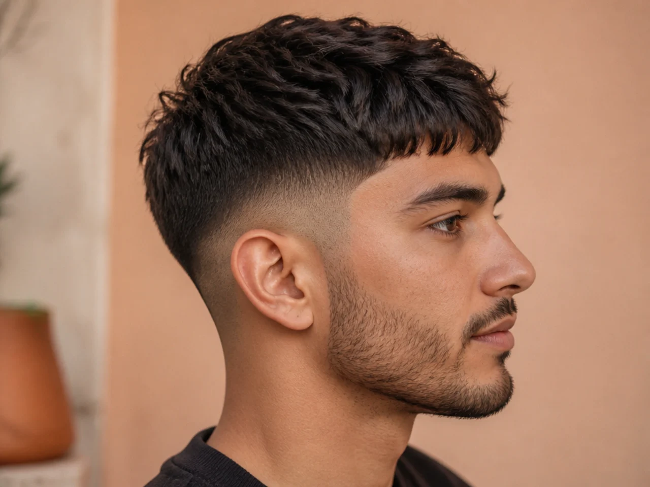 Textured crop with an inch and a half of point-cut top and a low fade at the sides