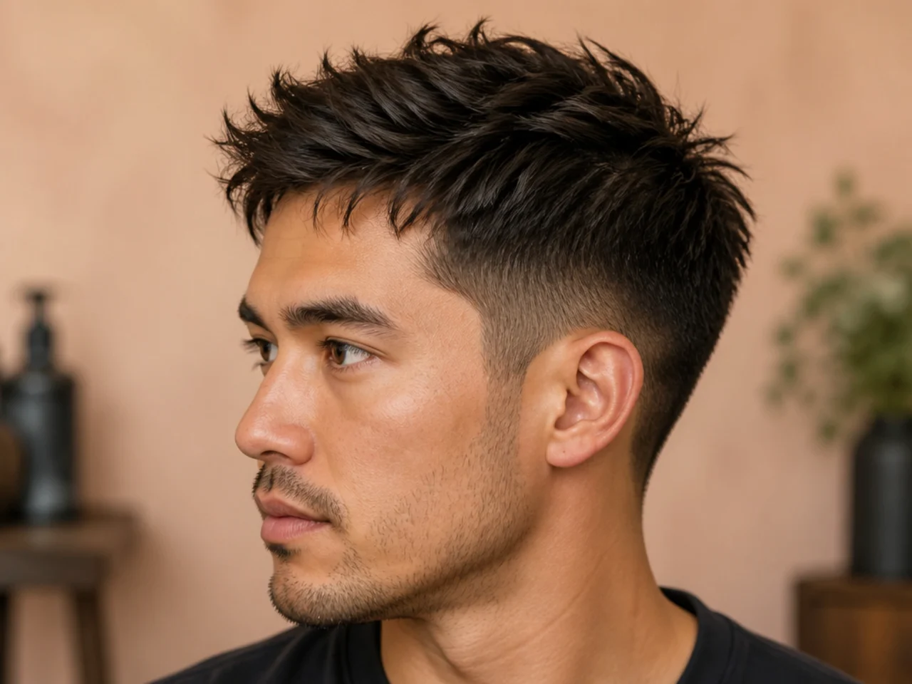Client showing a phone reference to a barber during a short haircut consultation