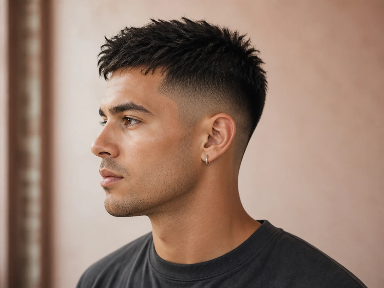 Barber consulting a client on face shape and short haircut options at the chair
