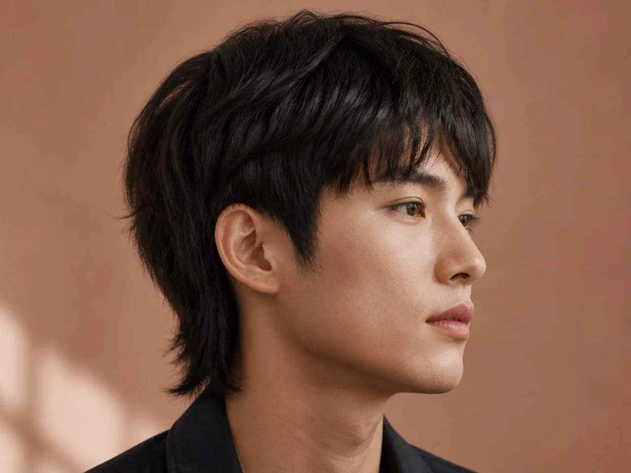 Korean-inspired short mullet on a young Asian man with soft rounded layers and glossy finish