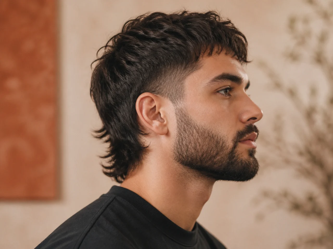 Short mullet paired with a matched-grade full beard on a man in his late twenties