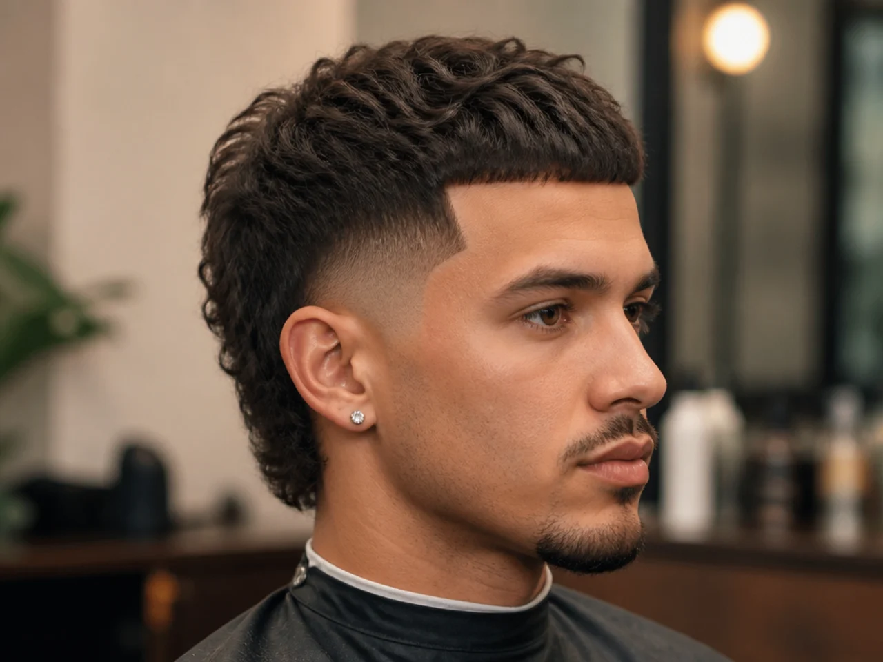 Short mullet with sharp razor line-up at the temples and hairline
