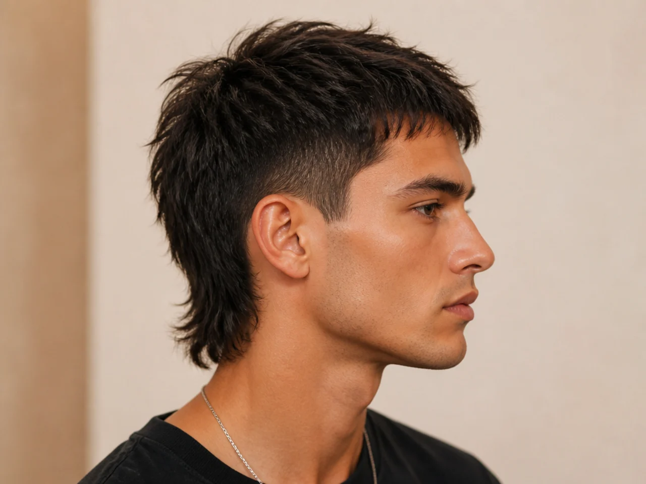 Modern short mullet with clean lines and softly textured internal layers