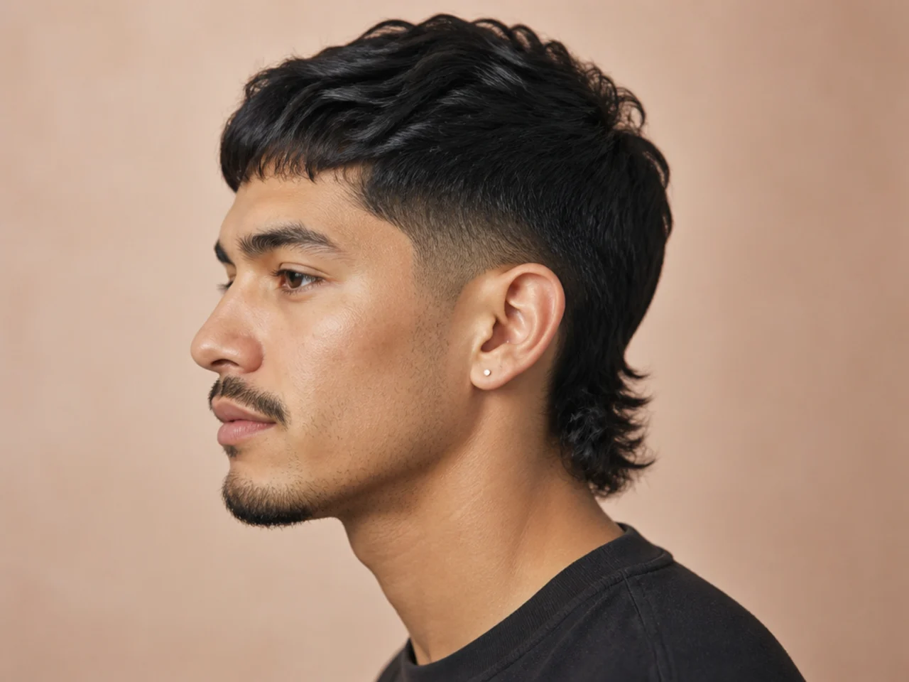 Low fade short mullet with skin fade at the sideburn and a layered top