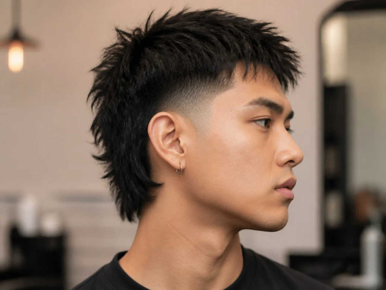 Burst fade short mullet with arc around the ear and cropped textured back