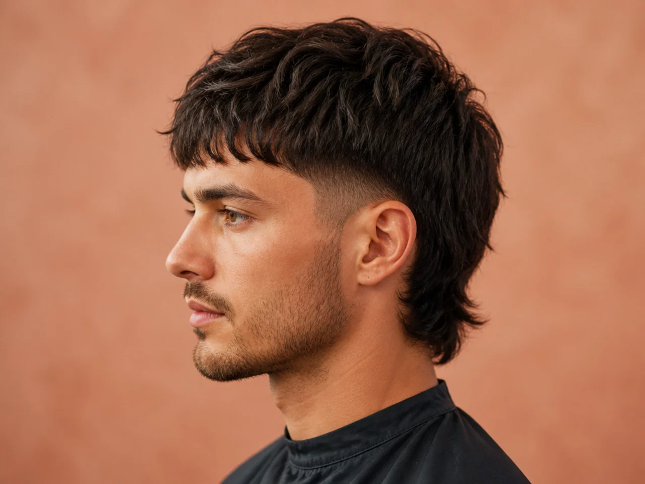 Short mullet with textured fringe falling forward over the brow