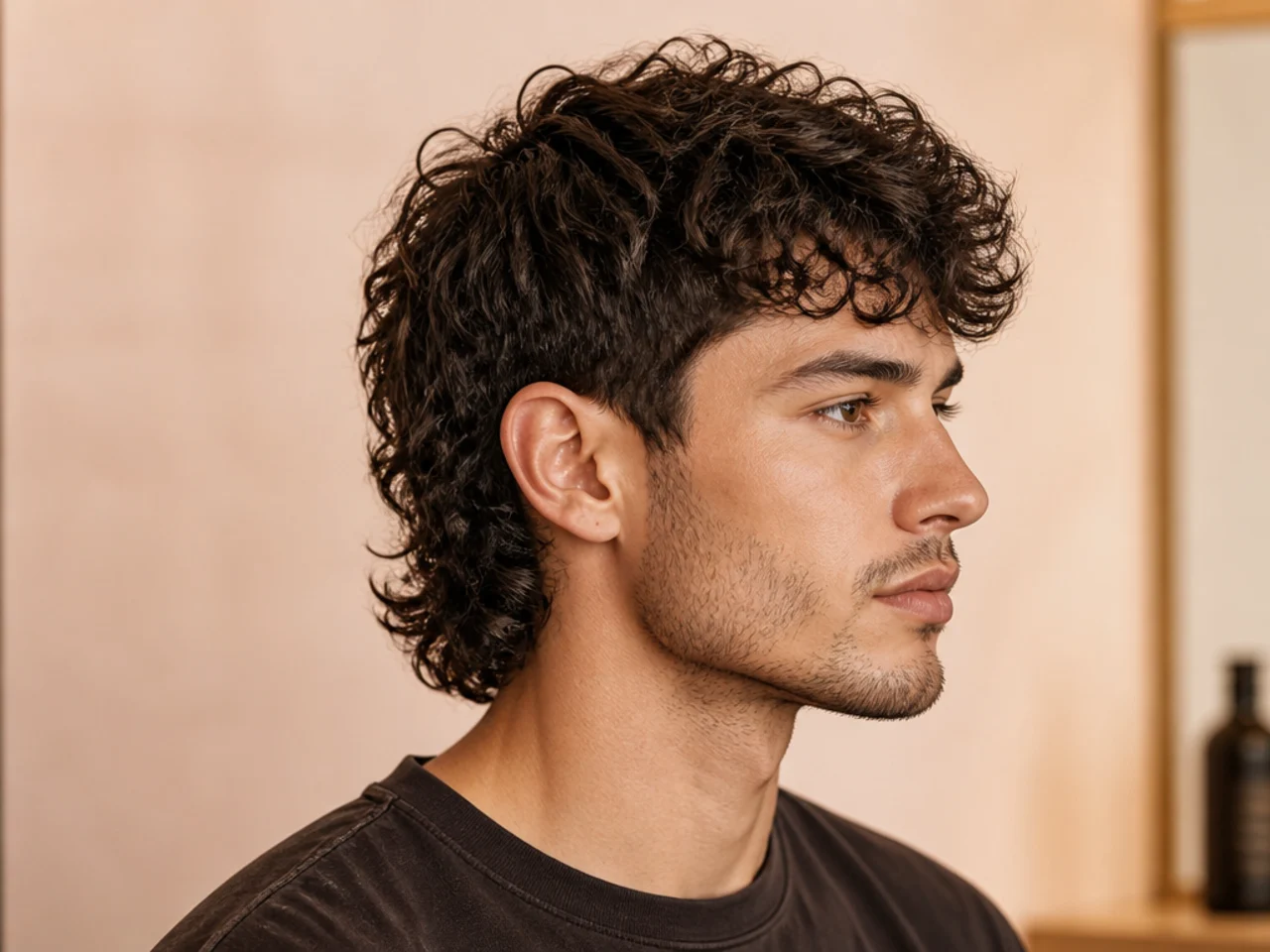 Curly short mullet on a man with type 3 curls, tapered sides, and defined coils at the nape