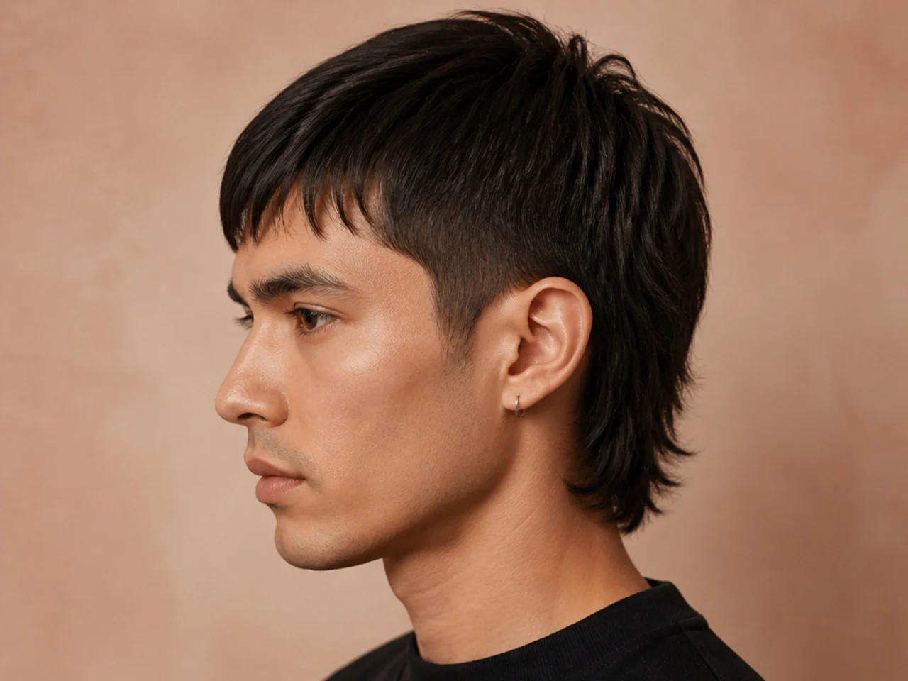 Short mullet on a man with fine straight hair, sharp point-cut top and clean feathered nape