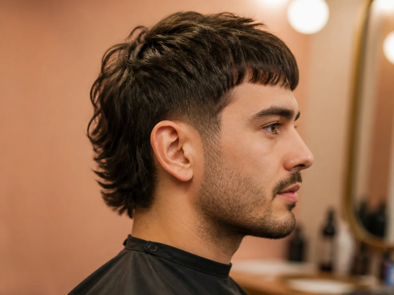 Barber and client discussing short mullet reference photos in a modern barbershop