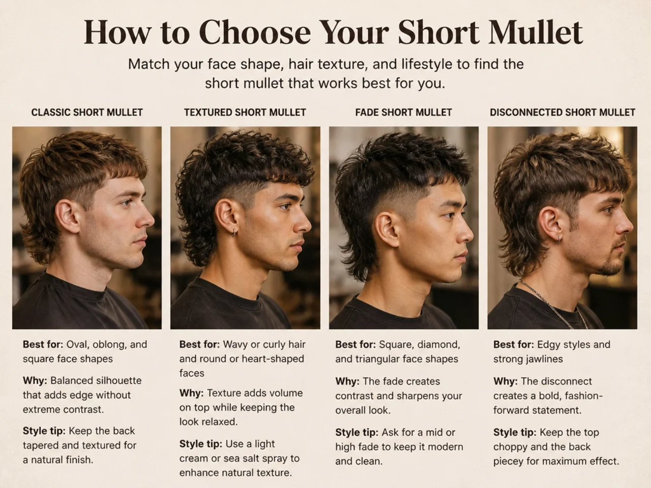 Three men with three short mullet variations shown side by side — cropped, classic, and fuller