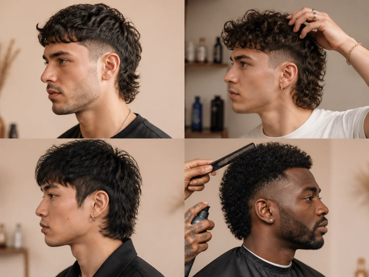 Styling products for a short mullet — matte clay tin, sea-salt spray bottle, blow dryer with concentrator, small comb