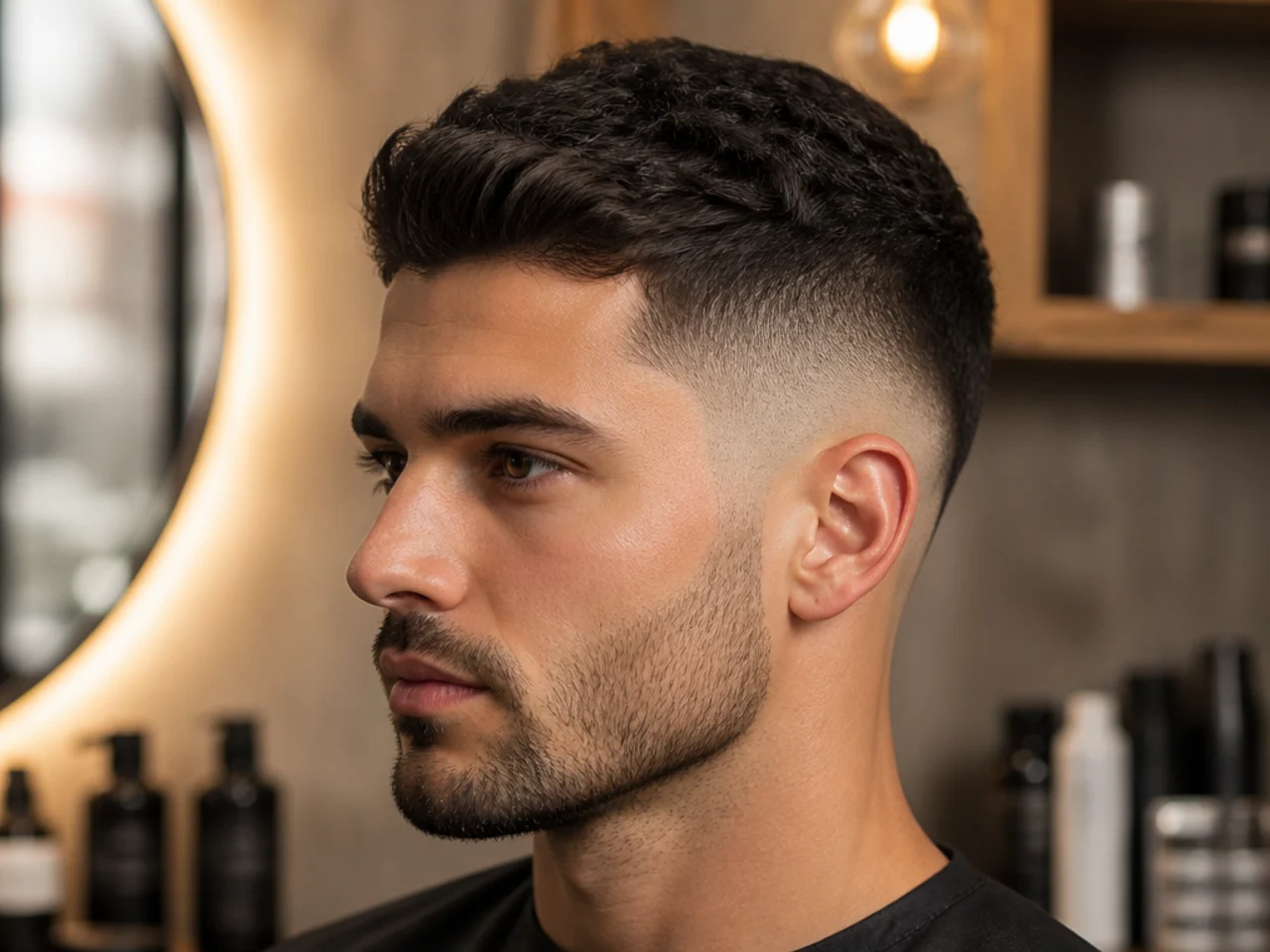 Shadow fade short sides with a soft near-skin finish and no visible clipper line