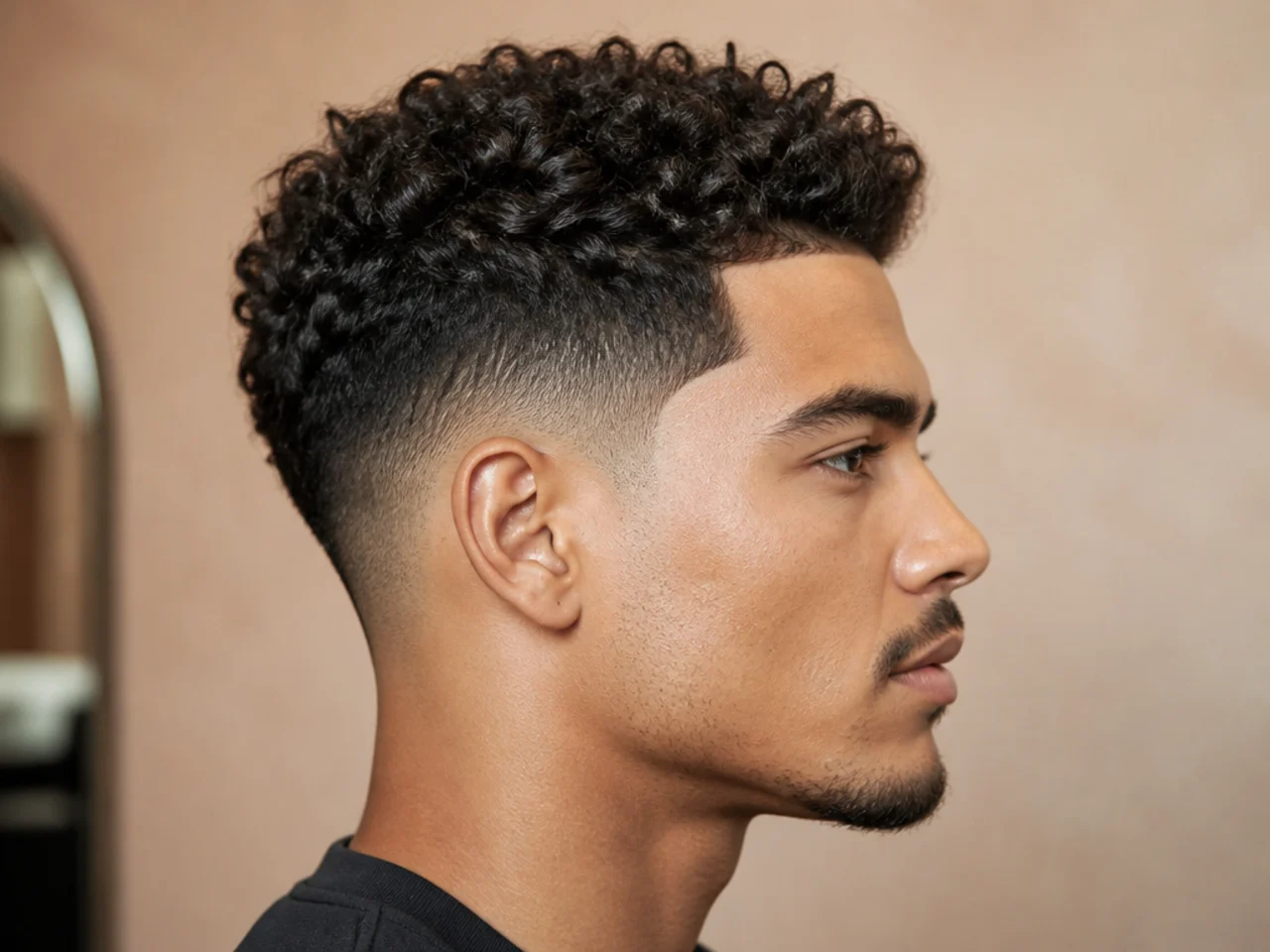 Temple fade short sides with targeted skin at the temple only on curly hair