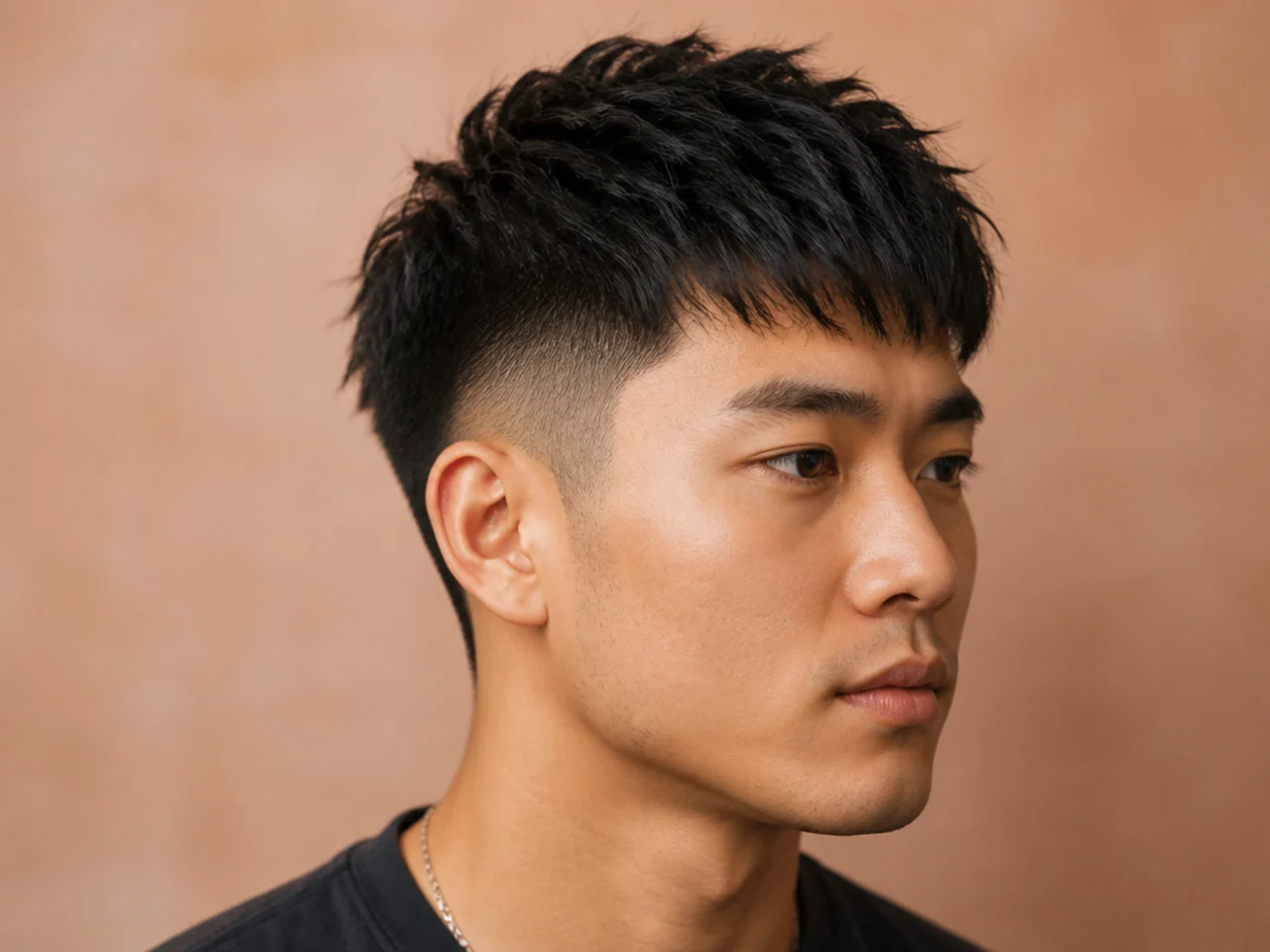 Short sides with a textured crop — inch-and-a-half point-cut top with a low fade at the sides