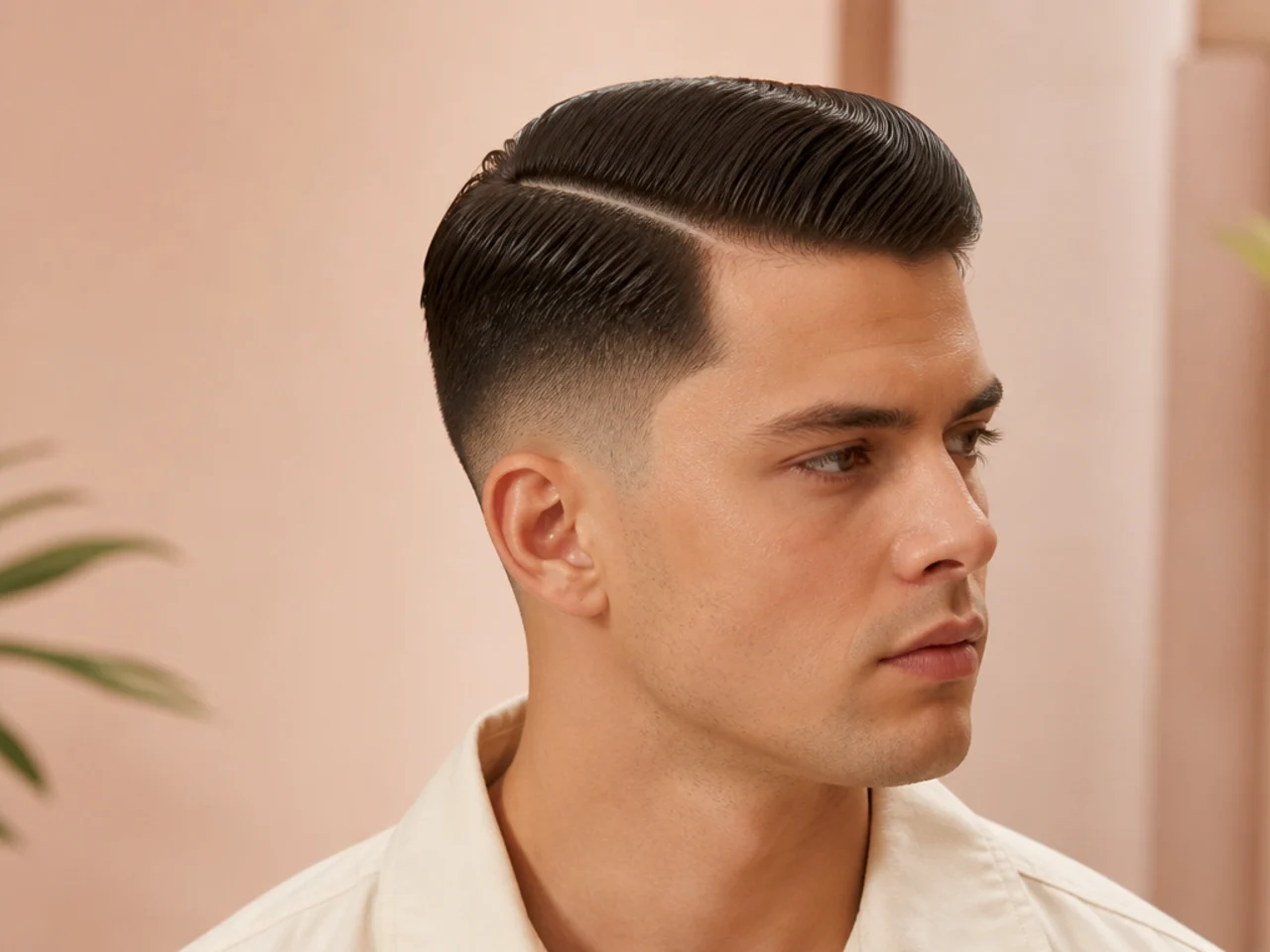 Short sides with a classic side part — two inches on top with a defined razored part and low fade