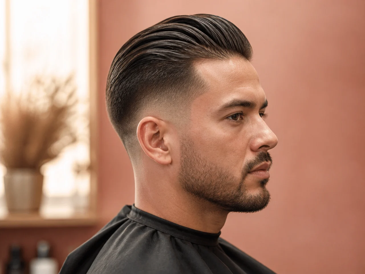 Short sides with a slick back — two inches on top combed straight back with a mid fade