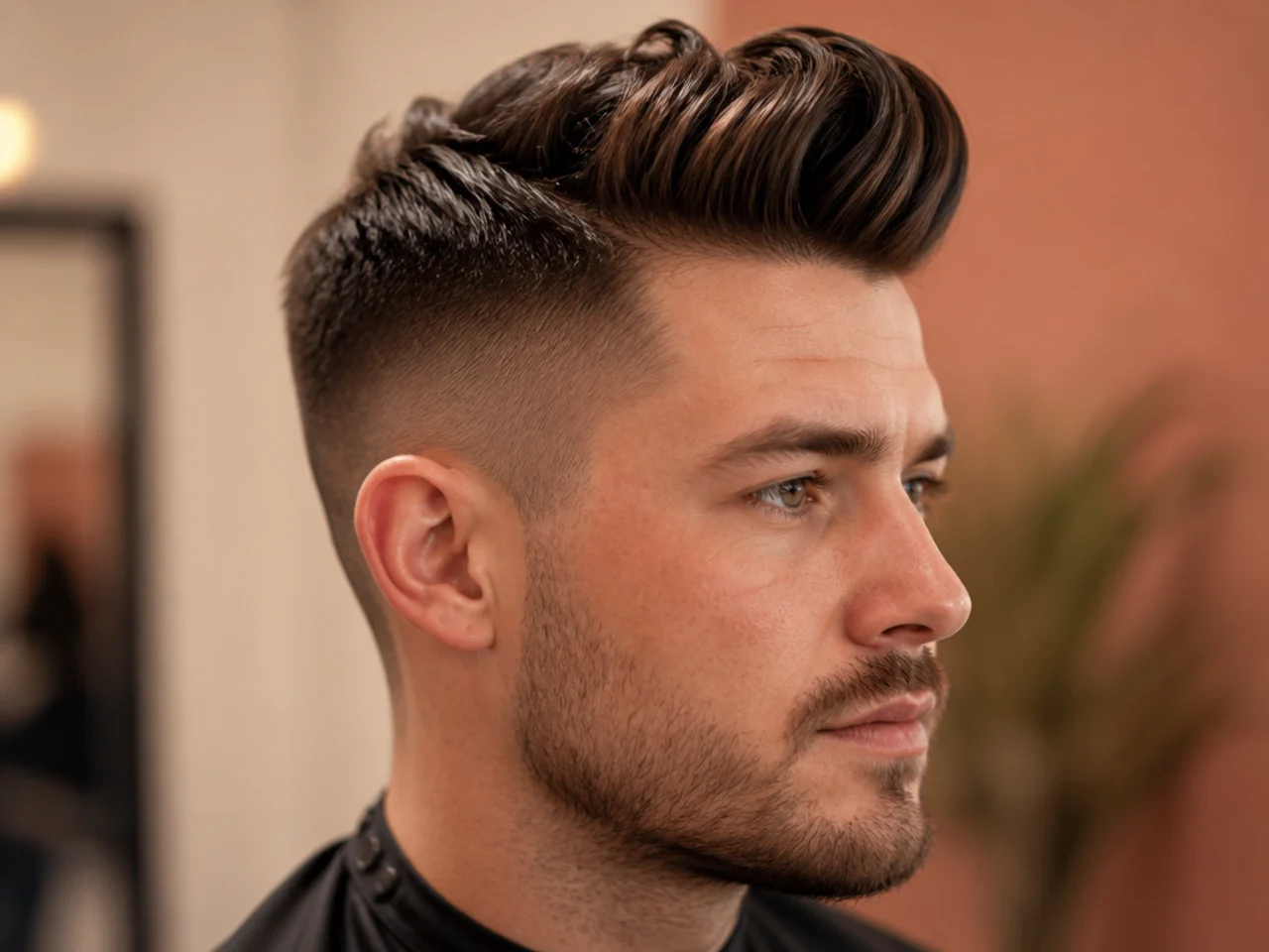 Short sides with a quiff — inch-and-a-half of lifted top and a mid fade at the sides