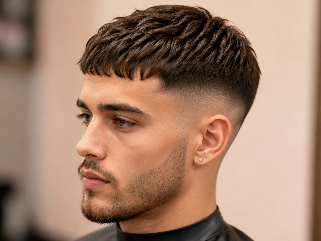 Short sides with a French crop — blunt fringe at the brow and mid fade at the sides