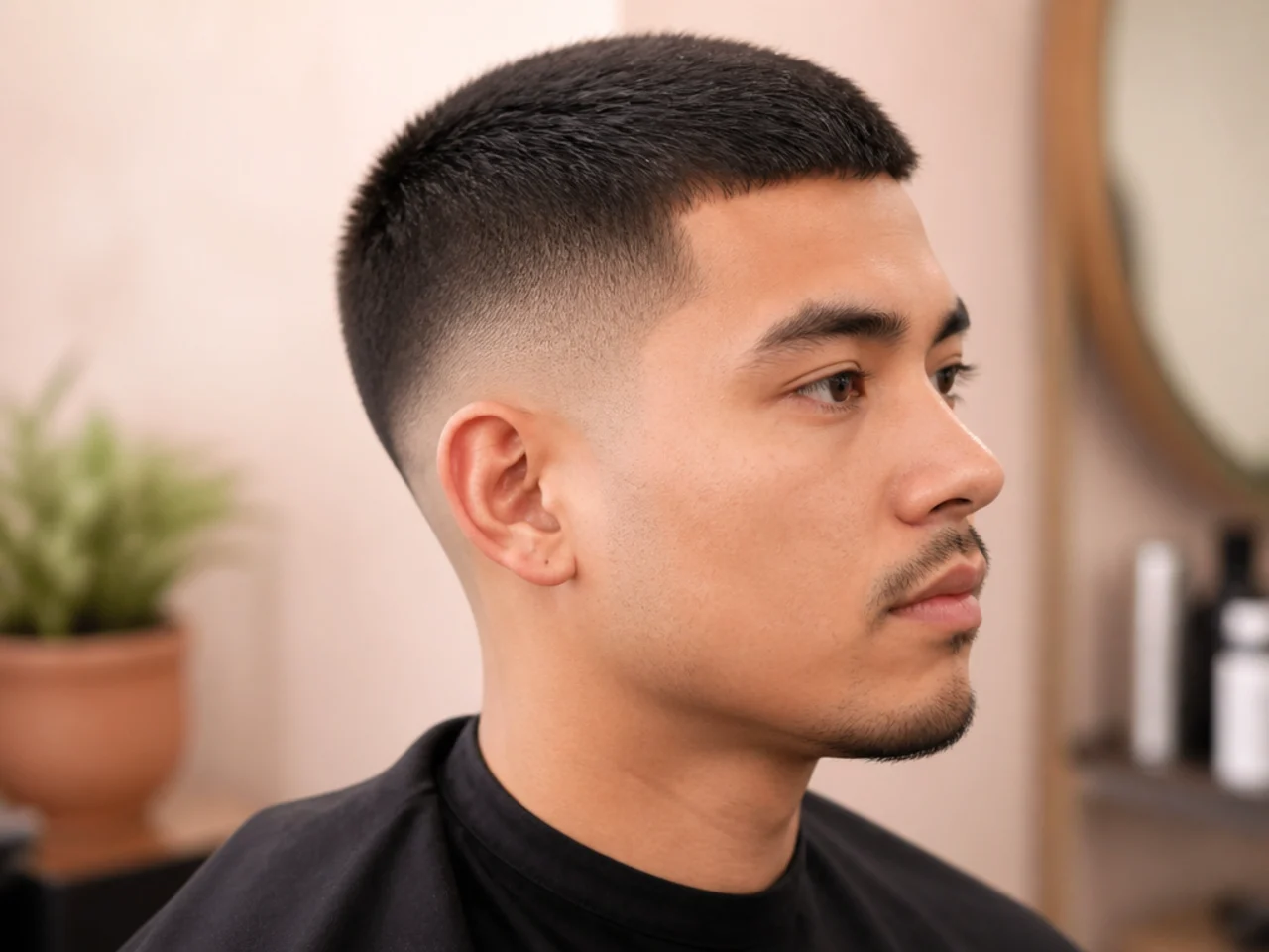 Short sides with a crew cut top — inch on top graduated shorter to the back with a low fade