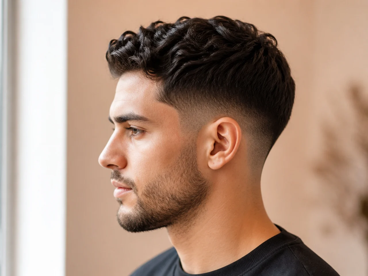 Low taper fade short sides dropping softly behind the ear on wavy hair