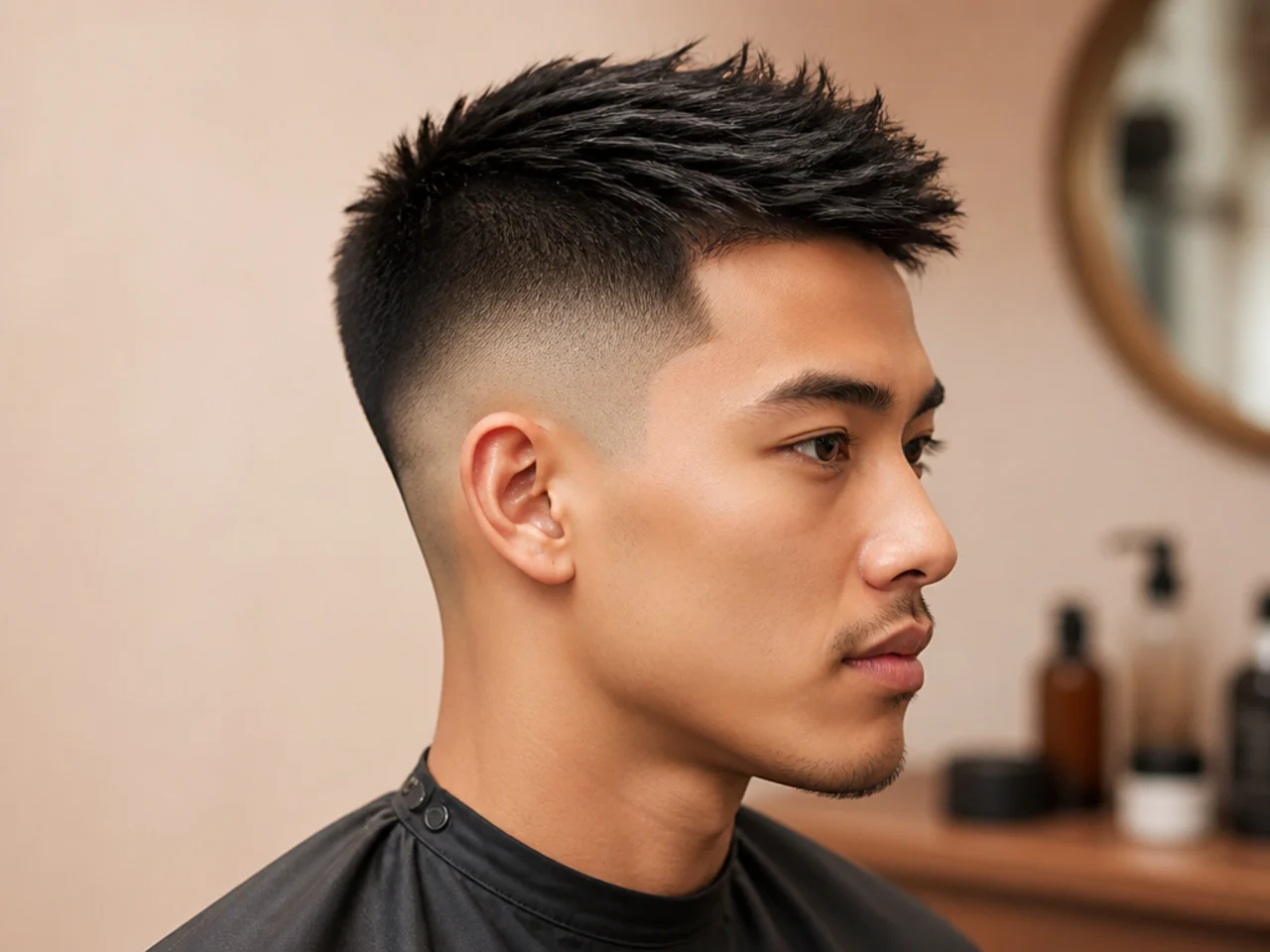 High fade short sides with the fade line above the temple corner and a slick back top