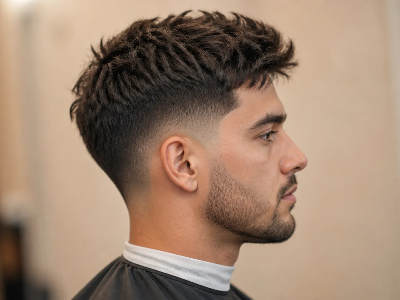 Drop fade short sides arcing behind the ear on a textured crop hairstyle
