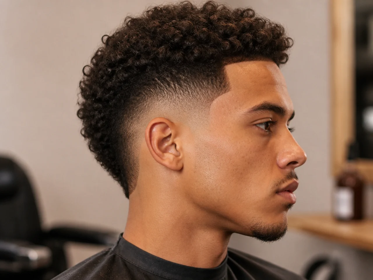 Burst fade short sides with a sunburst around the ear on a young man with a comma-cut top