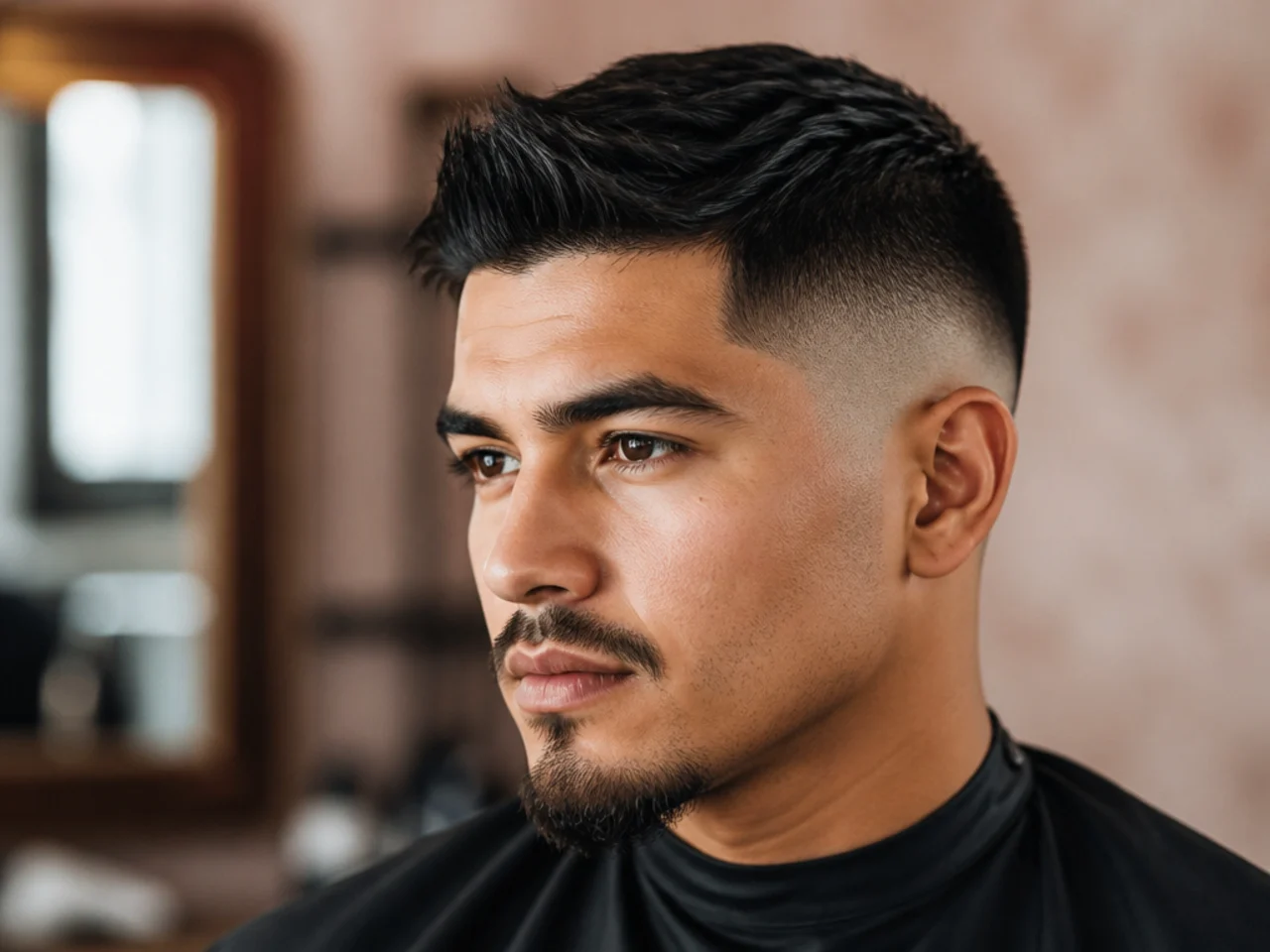 Skin fade short sides with a clean bald blend at the perimeter and defined temple line