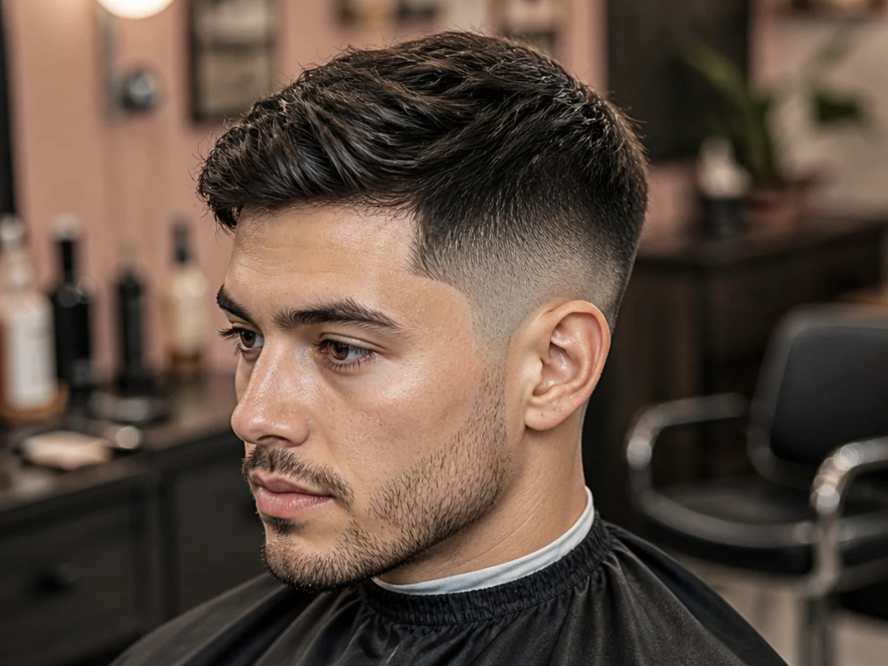 Client showing his barber a phone reference photo of a short sides haircut at the chair