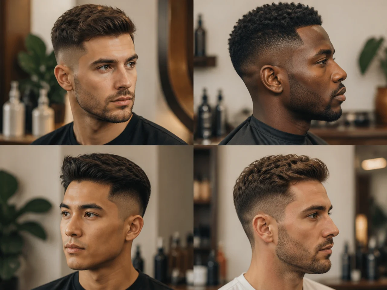 Men's short sides styling products laid out on a warm-toned barber counter