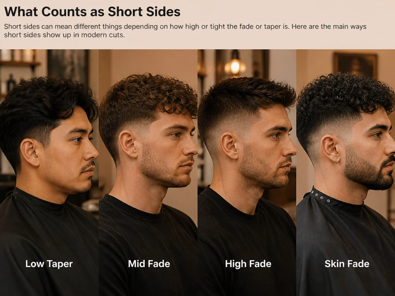 Short sides haircut men reference — buzzed sides, taper fade, and skin fade compared on three barbershop portraits