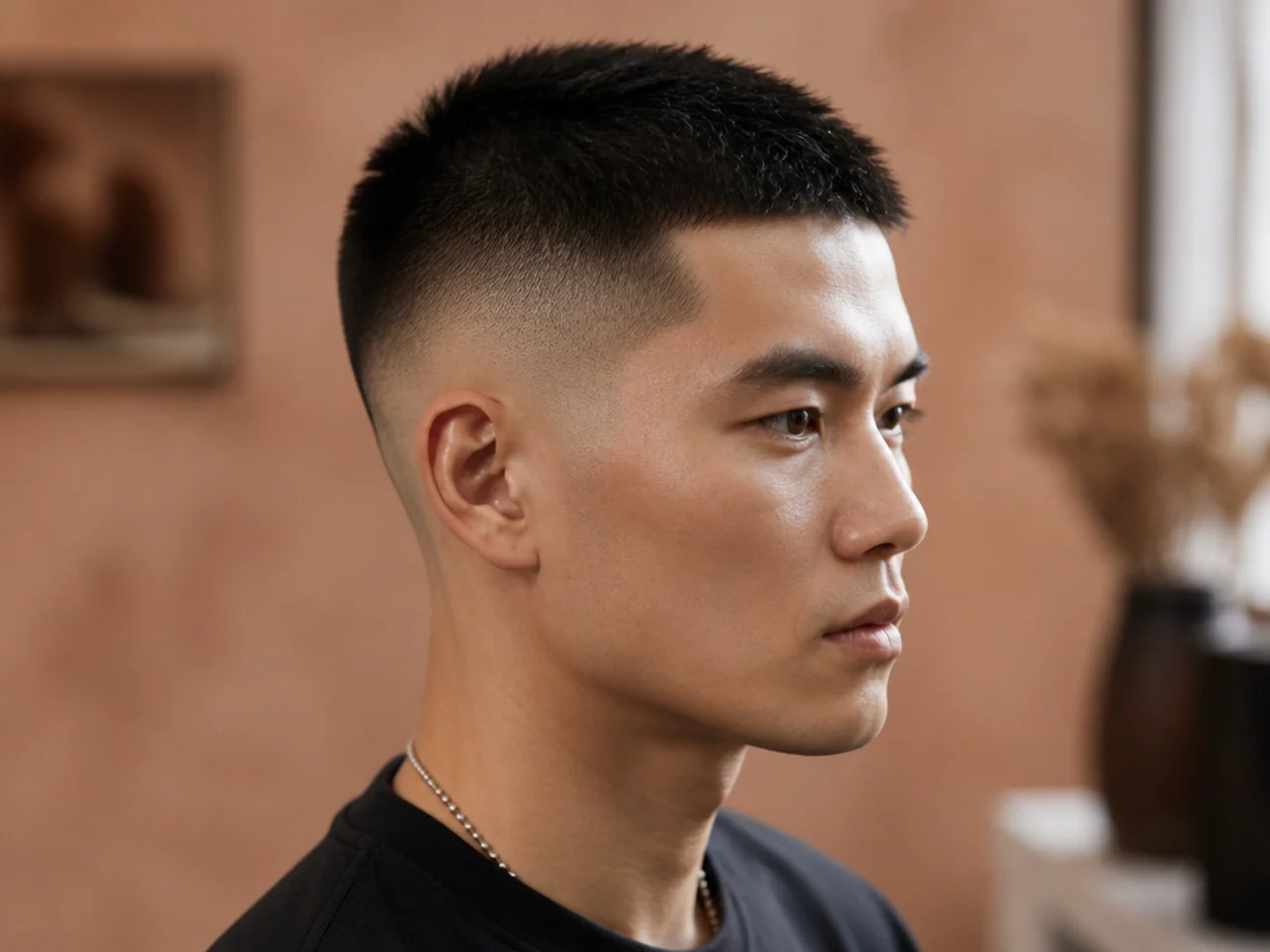 Butch cut on straight hair paired with a skin fade at the sides